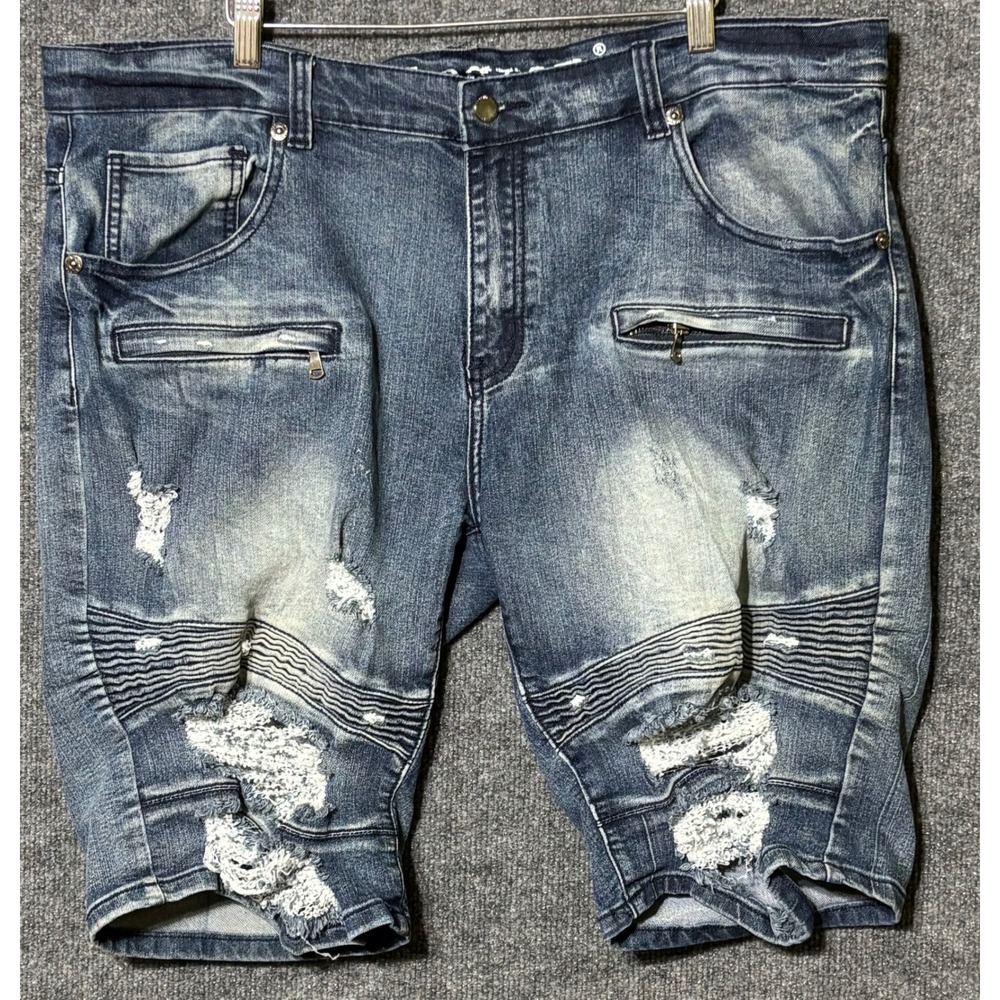 Kilogram Mens 42 Denim Shorts Blue Distressed Moto Biker Jean Shorts